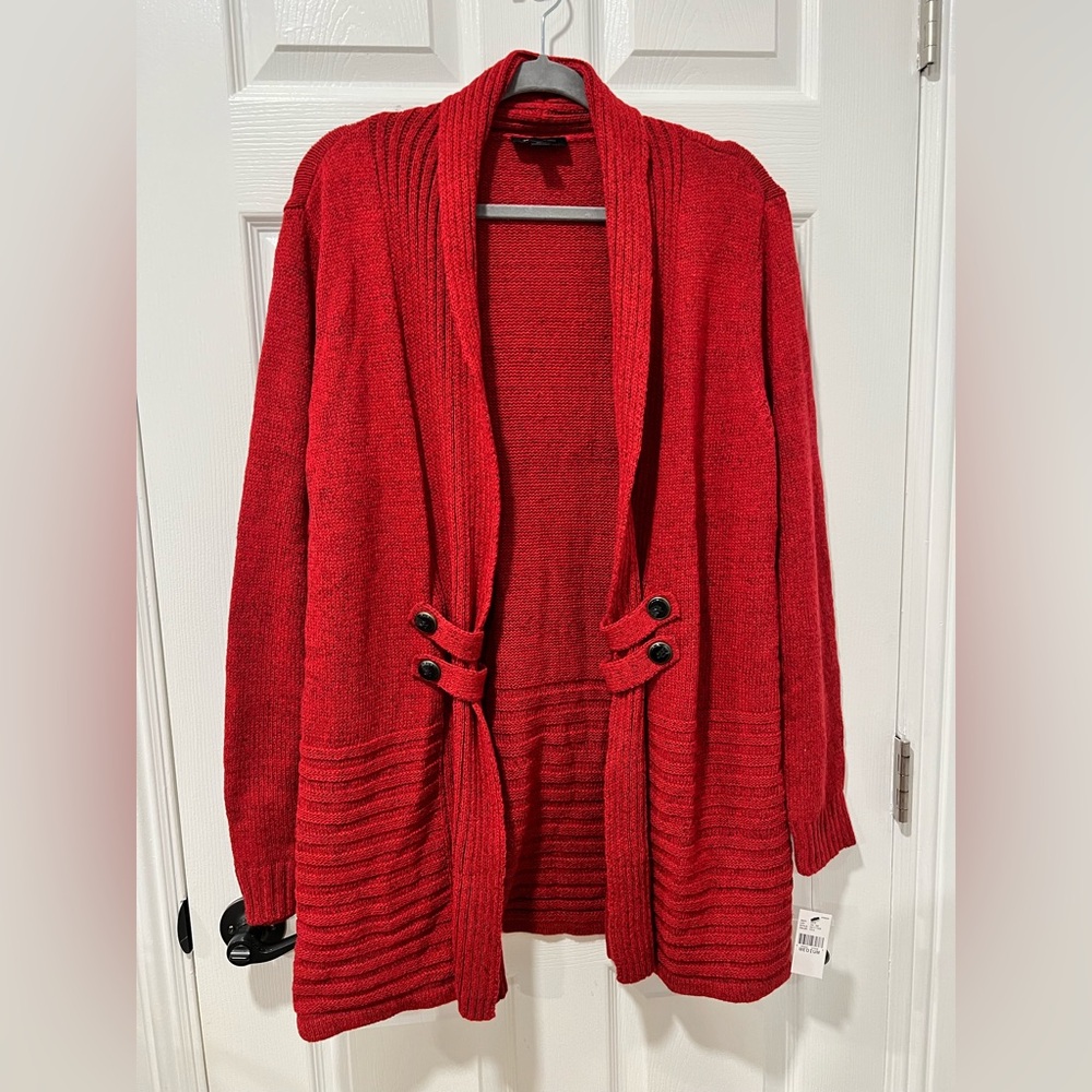 NWT Women Red Cardigan Sweater Med Long Line LS Ribbed Button Accent Open Front
